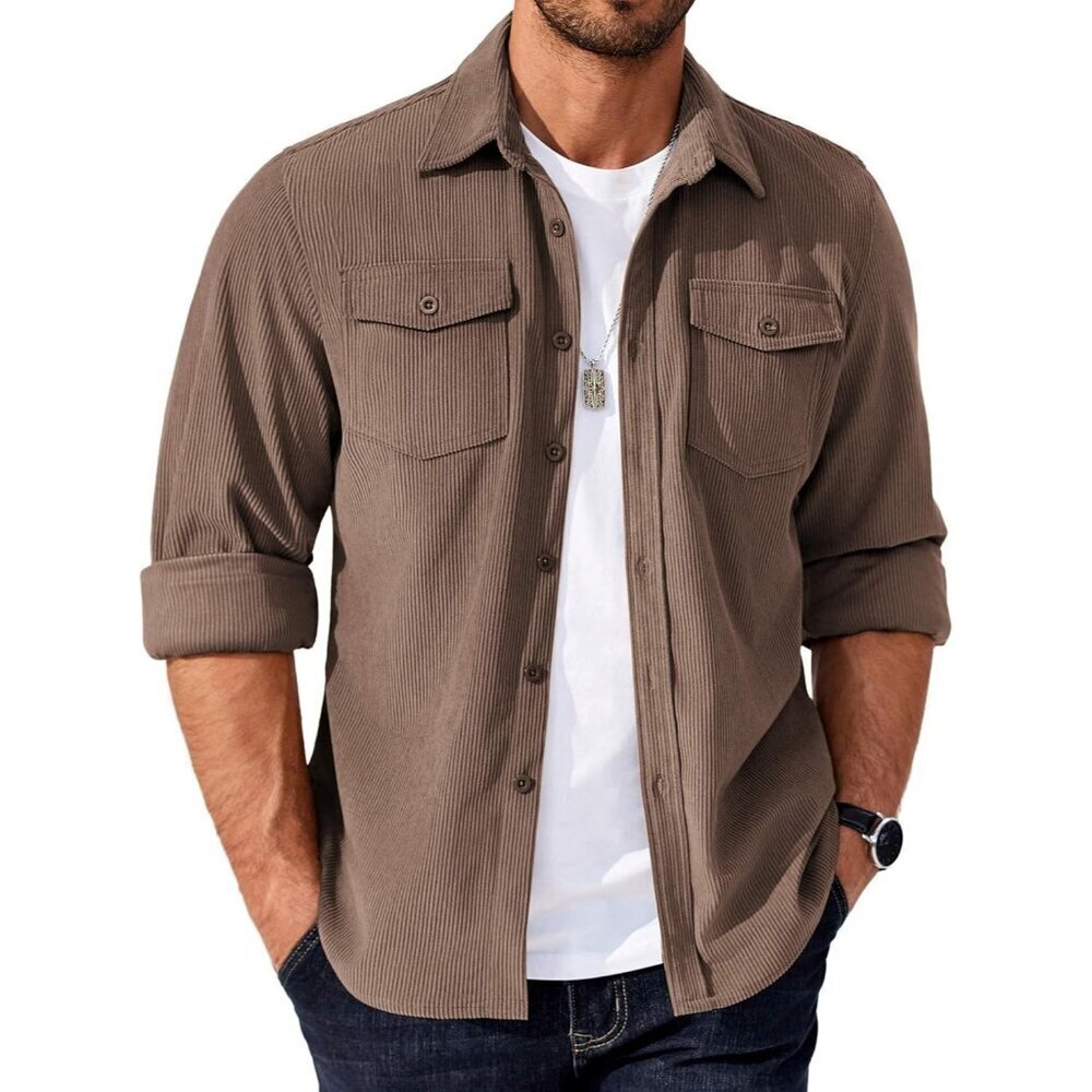 Coofandy Men Brown Corduroy Button Down Lightweight Jacket with Flap Pockets